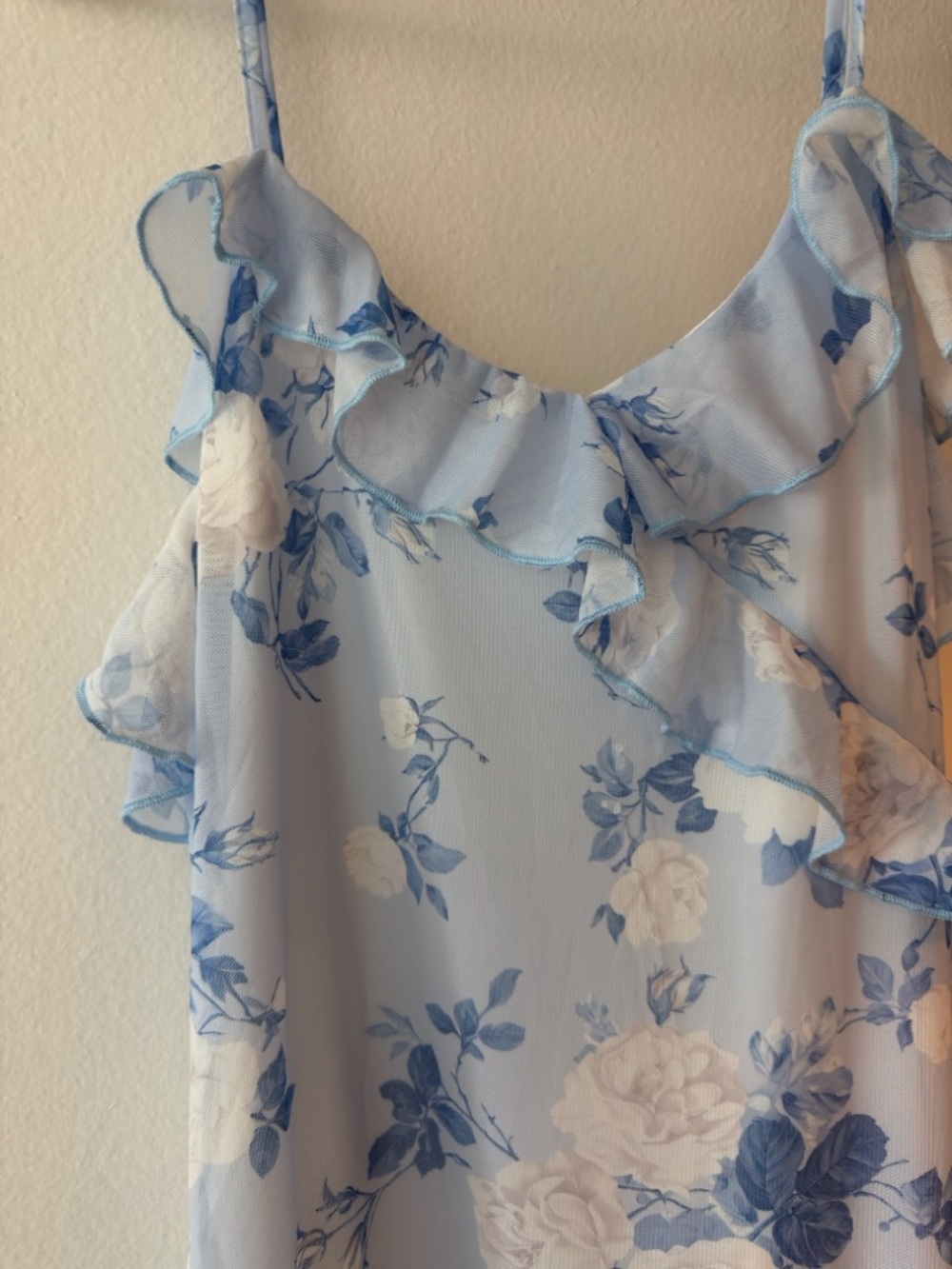 NWOT Blue Floral Ruffle Mesh Maxi Dress